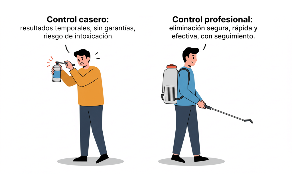 Ilustración lado a lado del control casero y fumigación profesional.