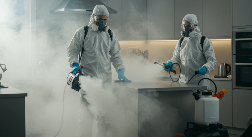 Fumigadores aplicando tratamiento en cocina con equipo profesional.
