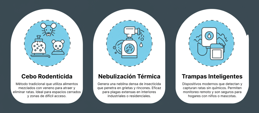 Infografía minimalista comparando tres métodos de control para ratas.