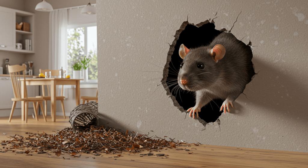 Rata emergiendo de un agujero en la pared dentro de una casa limpia.