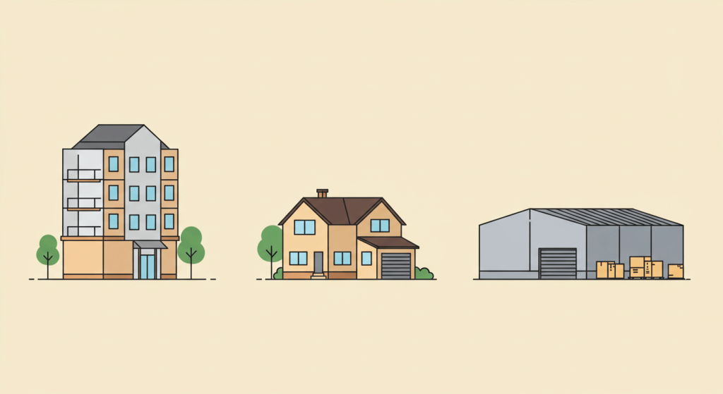 Ilustración de tres tipos de propiedades: departamento, casa y almacén.