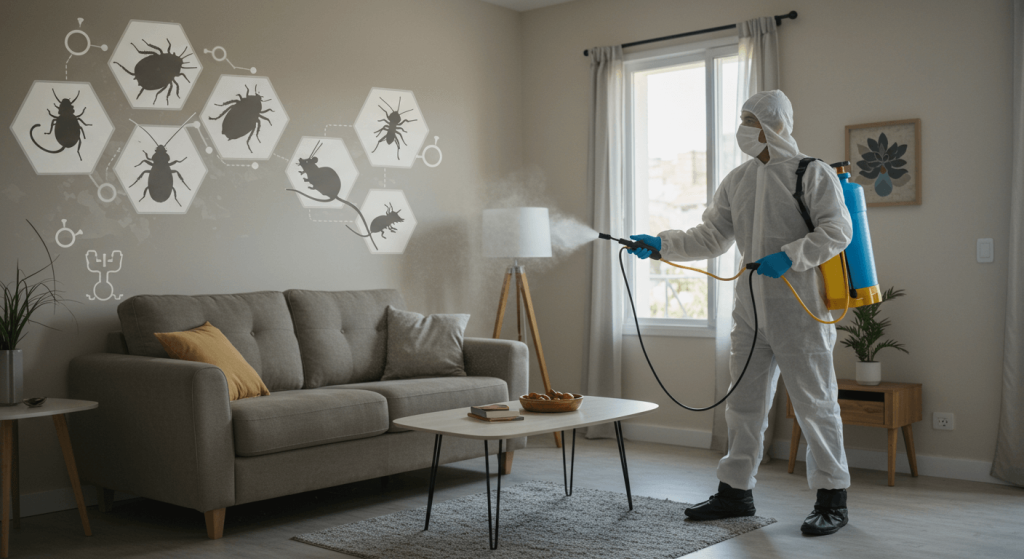 Servicio profesional de control de plagas que protege los hogares mexicanos de insectos y roedores.