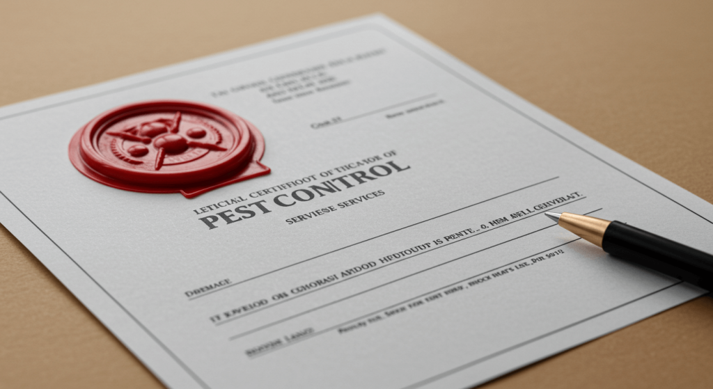 Sello oficial de certificación de un exterminador de plagas profesional.