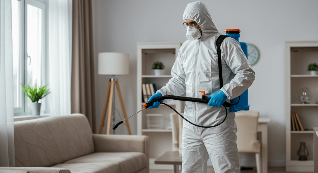 Exterminador profesional aplicando tratamiento para eliminar plagas en una casa limpia y luminosa.