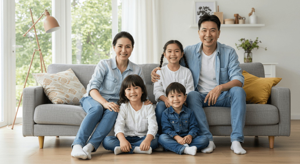 Familia feliz disfrutando de un hogar sin plagas, gracias a un exterminador profesional.