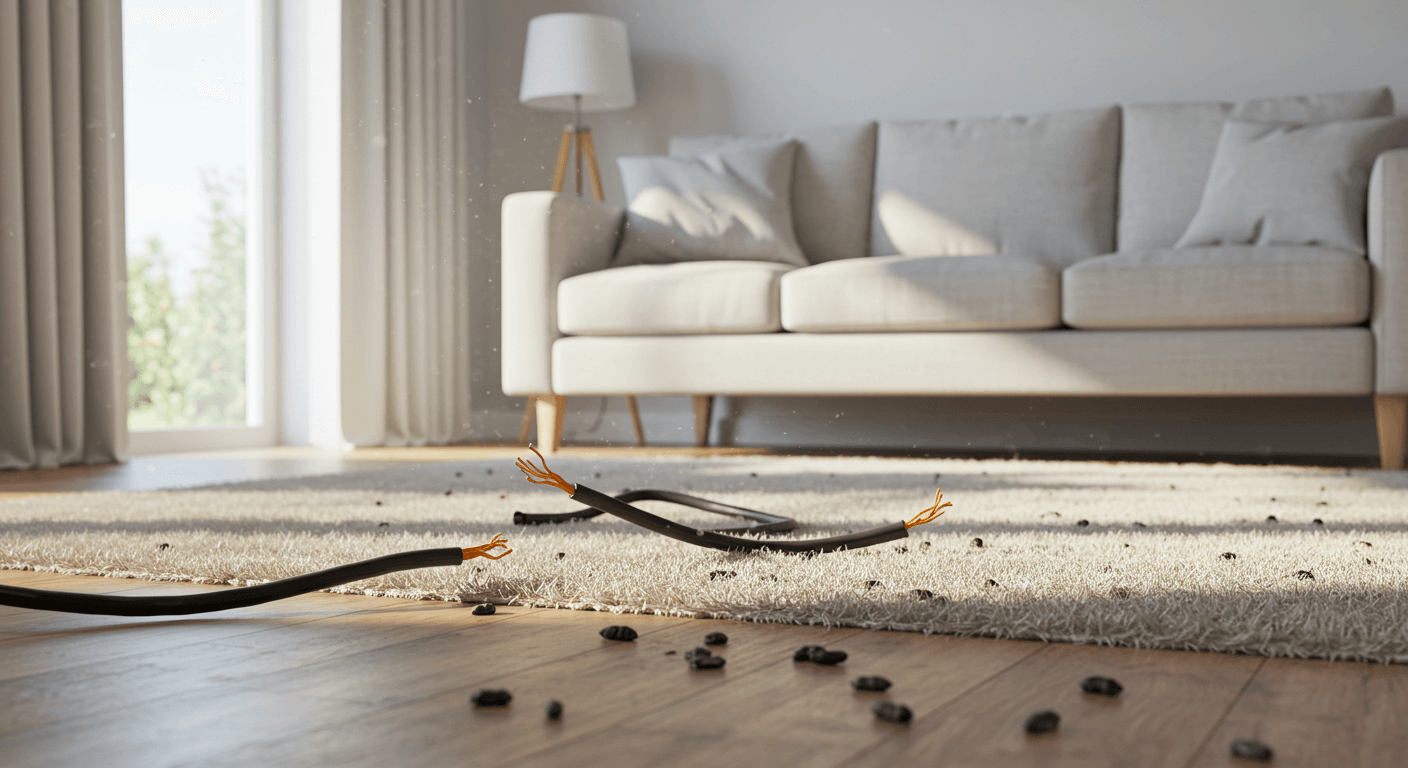 Cables eléctricos roídos y excrementos de rata en una sala moderna, indicios de plaga activa en casa.