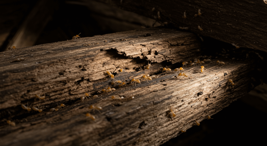 Termitas caminando sobre vigas de madera dañadas en el techo de una casa