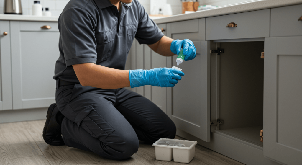 Fumigador en cocina aplicando tratamiento contra plaga de hormigas en hogar de Ciudad de México.