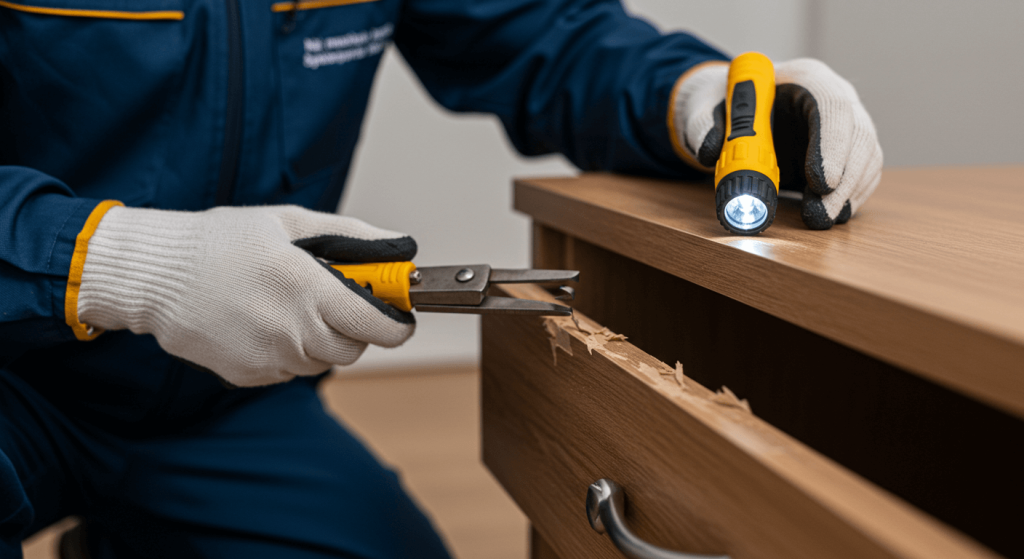 Técnico inspeccionando mueble de madera dañado por termitas