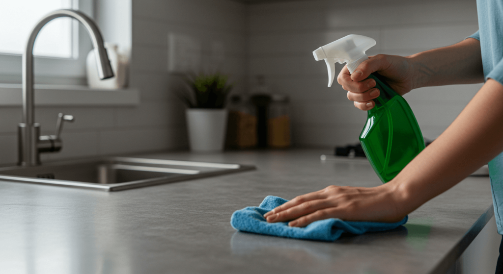 Persona limpiando cocina para prevenir aparición de plaga de hormigas en el hogar.