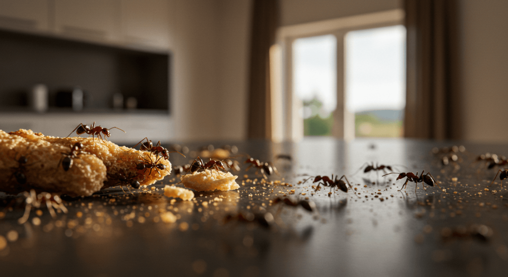 Hormigas en una cocina caminando sobre migas, señal de plaga doméstica en Ciudad de México.
