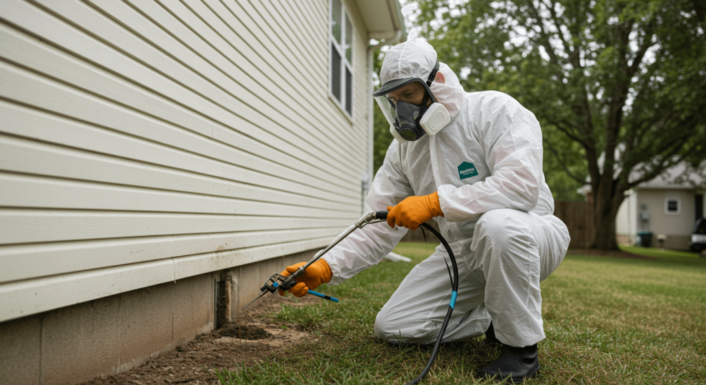 Técnico aplicando tratamiento contra termitas en los cimientos de una casa