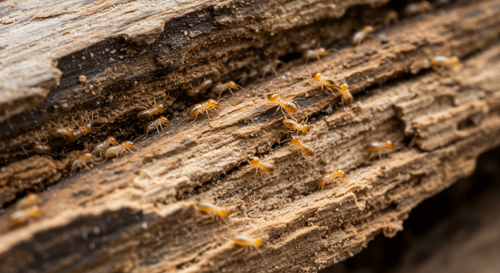 Termitas formando un rastro sobre madera agrietada, muestra clara de infestación