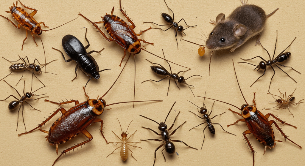 Plagas comunes en hogares como cucarachas, roedores, termitas, mosquitos y hormigas.