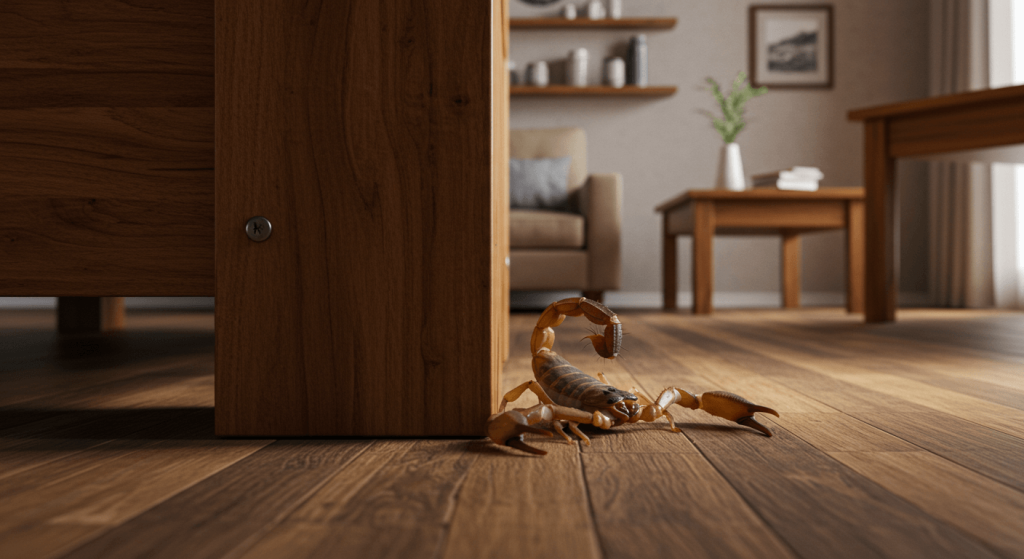 Escorpión real en una esquina de sala, evidencia de infestación doméstica.