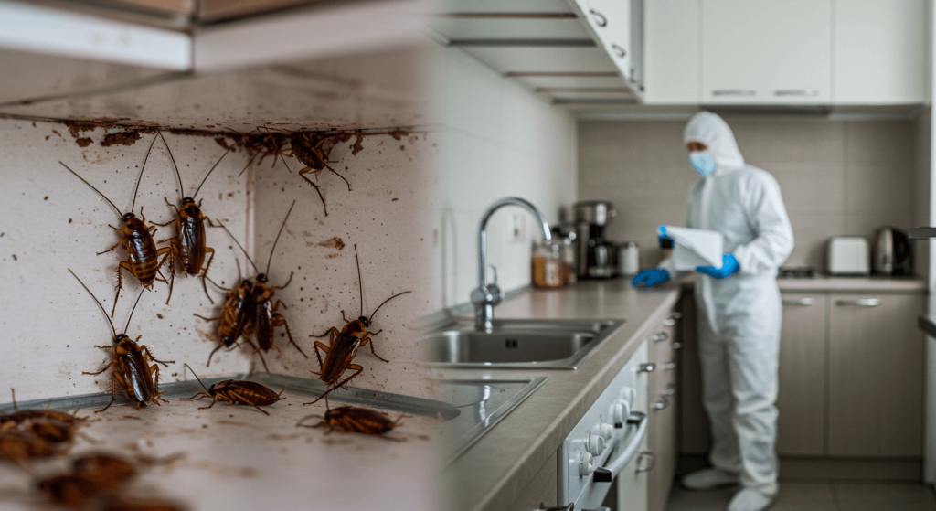 Comparativa de cocina infestada vs cocina limpia con fumigador como muestra del control de plagas efectivo