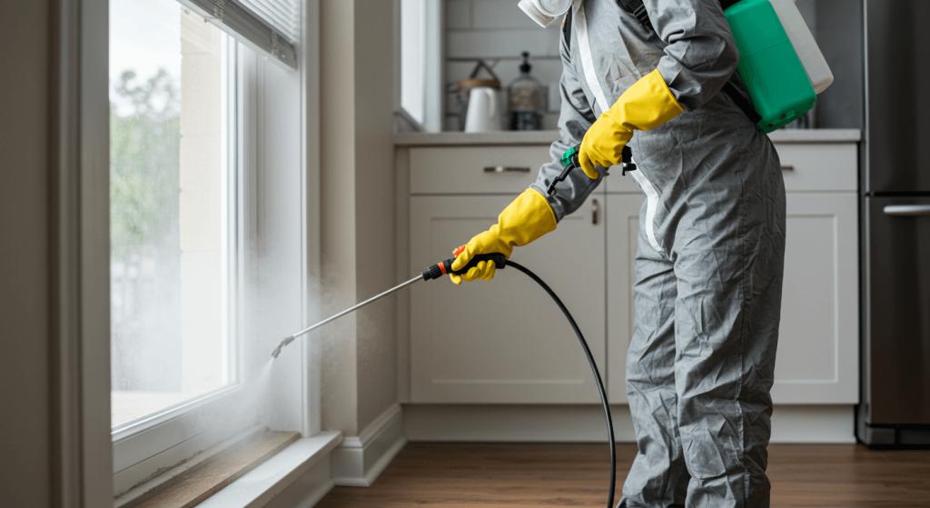 Fumigador aplicando tratamiento para eliminar plagas en cocina residencial