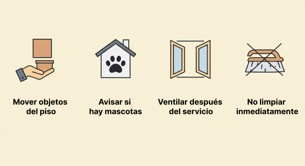 Lista visual con pasos clave antes y después de una fumigación contra alacranes.