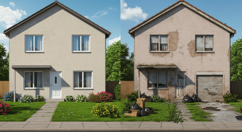 Comparativa visual entre una casa bien sellada y otra con riesgos de alacranes.