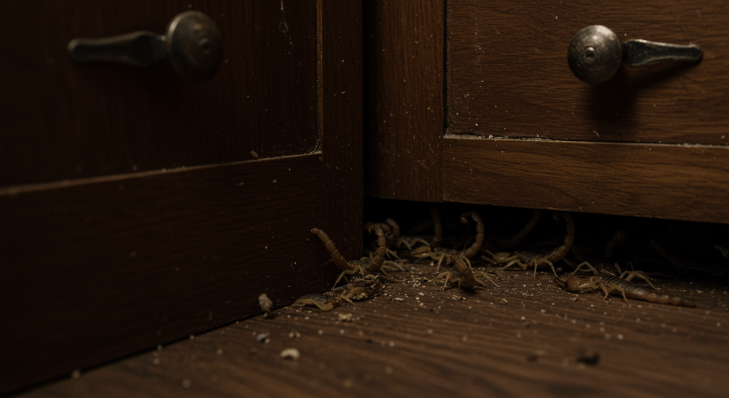 Varios alacranes ocultos detrás de un mueble en una zona oscura del hogar.