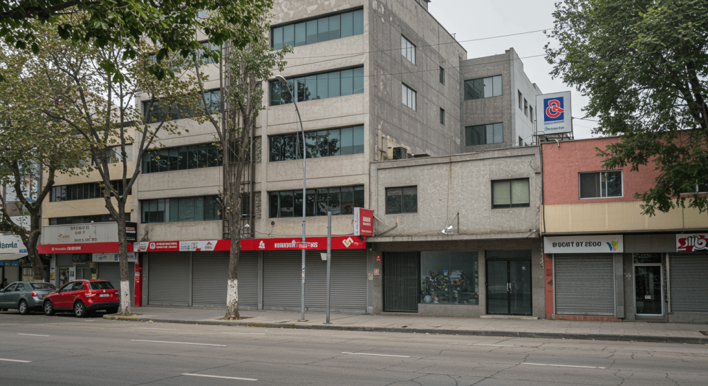 Vista urbana con distintas fachadas de negocios sin letreros en Ciudad de México.