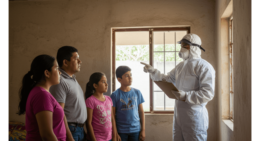 Familia mexicana dentro del hogar escuchando a un experto en fumigación.