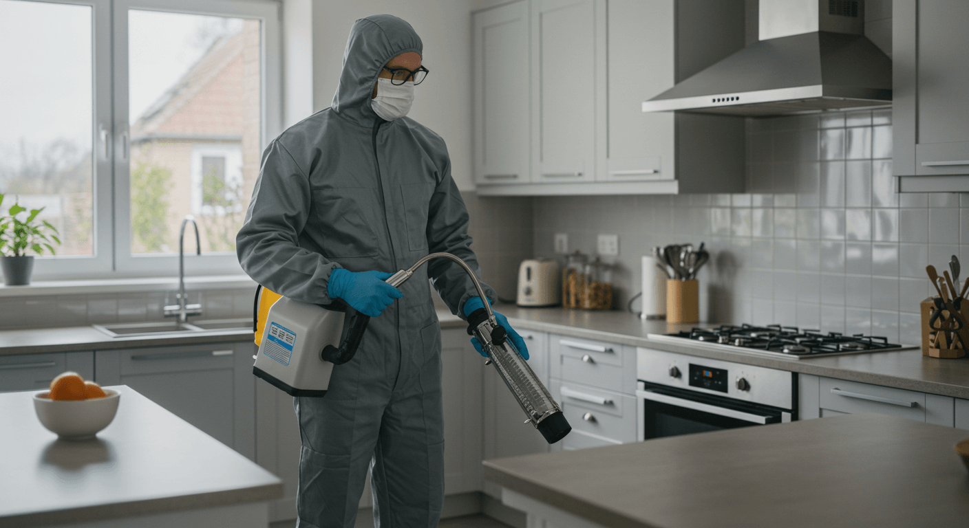 Técnico realizando fumigación profesional en cocina como parte del control de plagas en CDMX