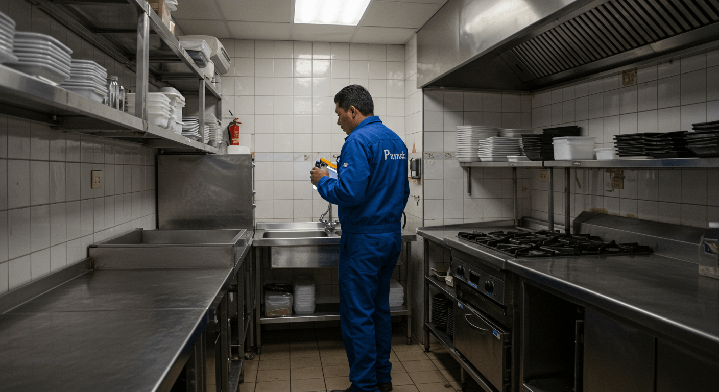 Técnico fumigador inspeccionando cocina comercial en CDMX para detectar cucarachas