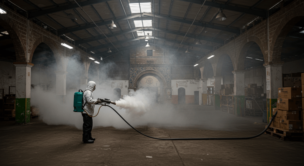 Técnico realizando fumigación con equipo de nebulización dentro de empresa en Ciudad de México.