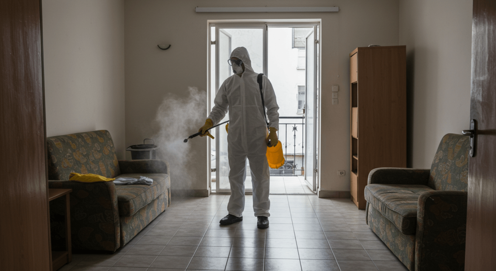 Profesional desinfectando departamento en renta en Ciudad de México.