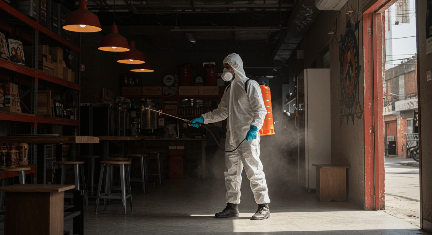 Técnico de fumigación trabajando dentro de un negocio en Ciudad de México con equipo profesional.