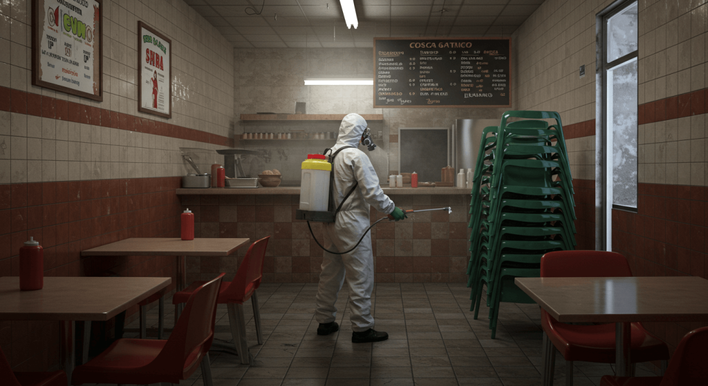 Fumigador aplicando tratamiento contra cucarachas en restaurante mexicano