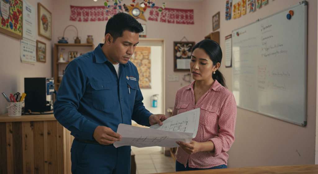 Técnico explicando plan de fumigación para cucarachas a negocio en CDMX