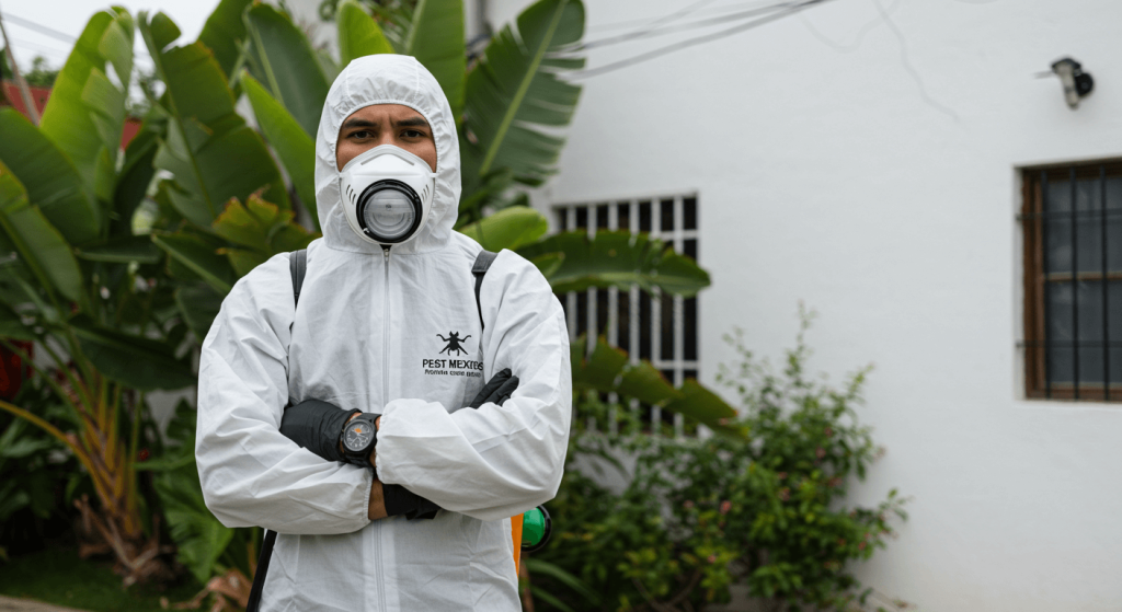 Fumigador profesional con uniforme y equipo frente a una vivienda en CDMX.