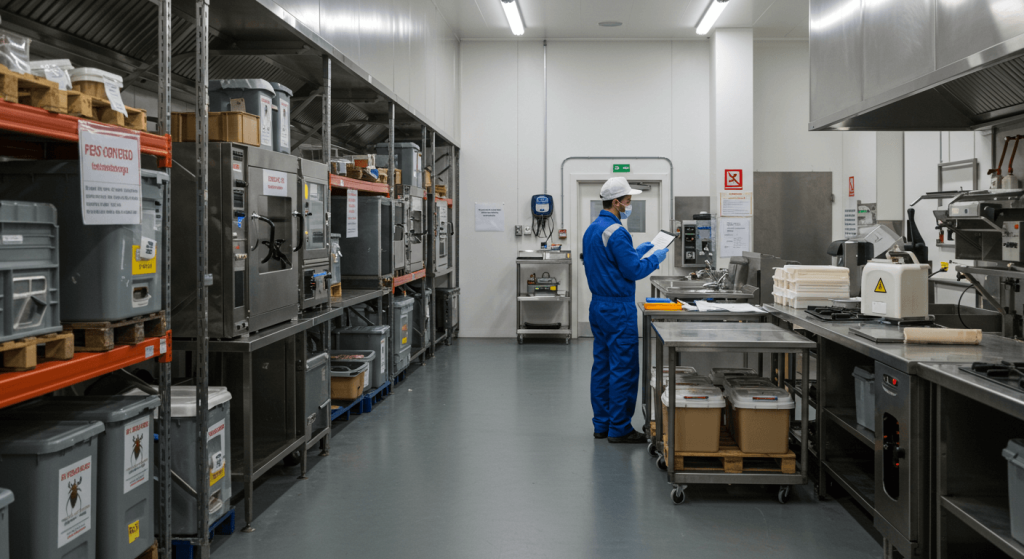 Cocina o bodega implementando manejo integrado de plagas con inspección técnica