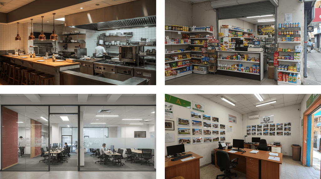 Restaurante, oficina, tienda y oficina inmobiliaria comunes en Ciudad de México, típicos entornos de riesgo de plagas.