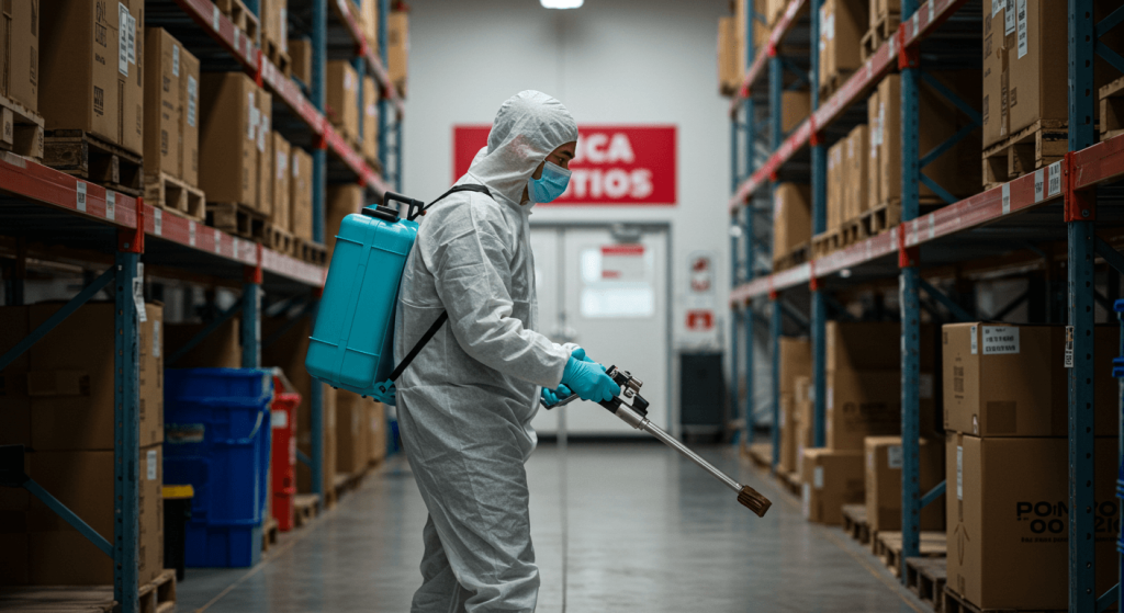 Especialista aplicando fumigación dentro de una bodega comercial en Ciudad de México.
