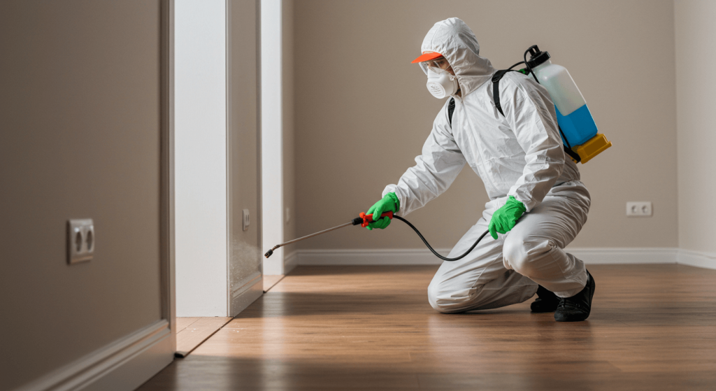 Técnico en fumigación aplicando tratamiento en vivienda para eliminar alacranes.