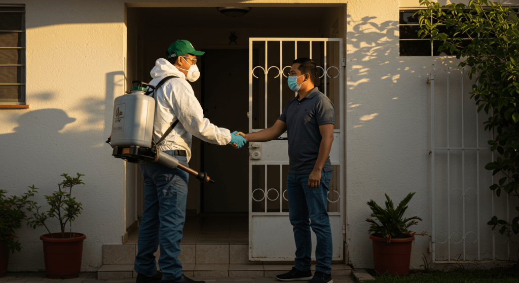 Cliente mexicano estrechando la mano del técnico fumigador afuera de una casa limpia al atardecer.