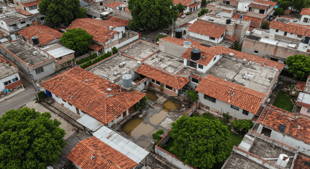 Colonia mexicana vista desde dron con acumulación de agua propensa a mosquitos