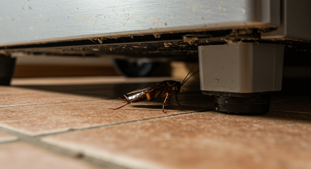 Cucaracha saliendo de debajo de un refrigerador en cocina de CDMX