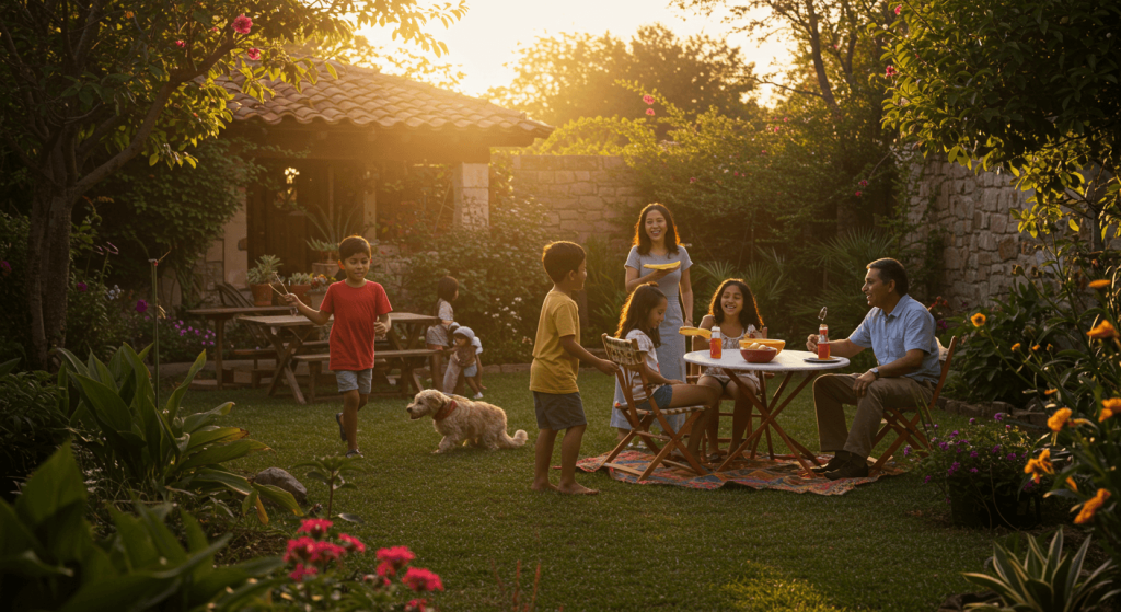 Familia mexicana disfrutando su jardín libre de mosquitos después de fumigación