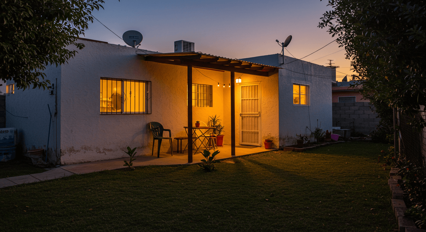 Casa mexicana con jardín limpio y sin mosquitos después de fumigación profesional
