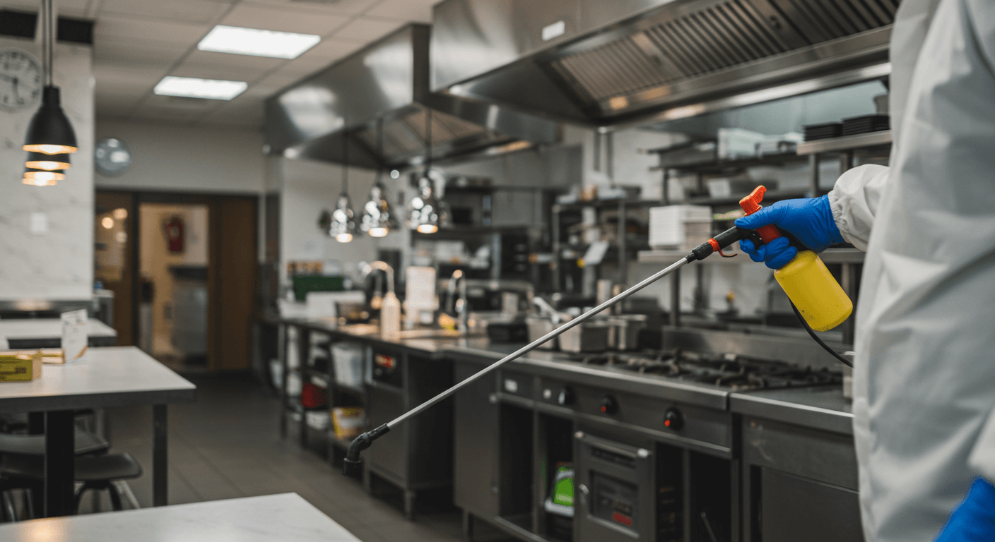 Técnico aplicando fumigación profesional en una cocina de restaurante moderna y limpia