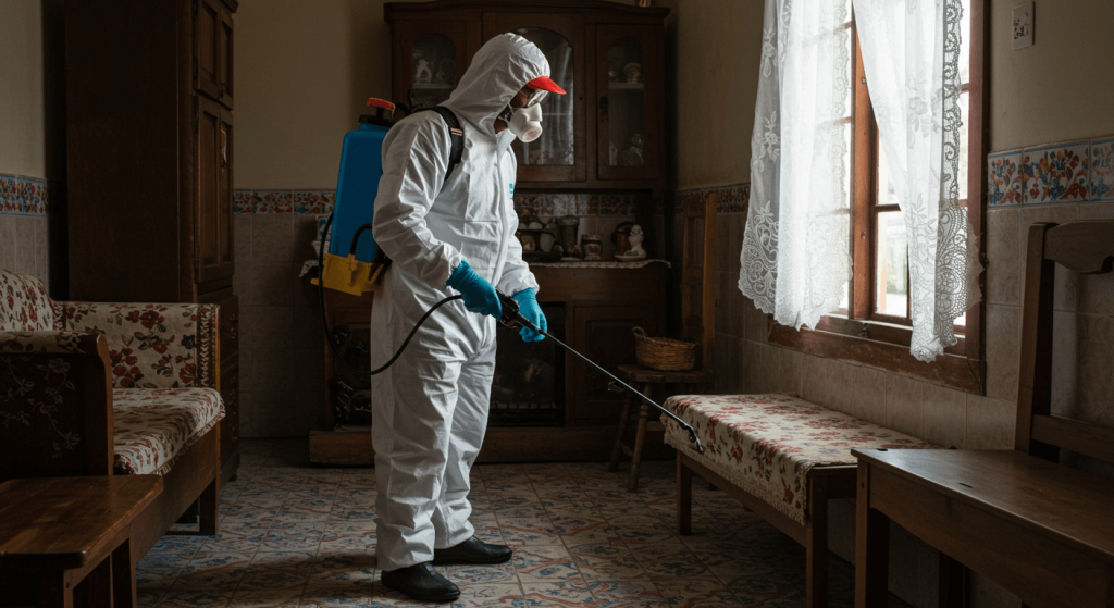 Fumigador aplicando tratamiento contra cucarachas en casa mexicana