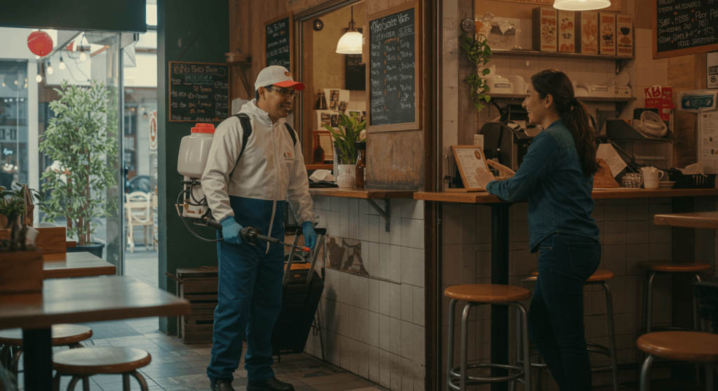 Técnico de fumigación siendo recibido por una mujer en un restaurante mexicano limpio.