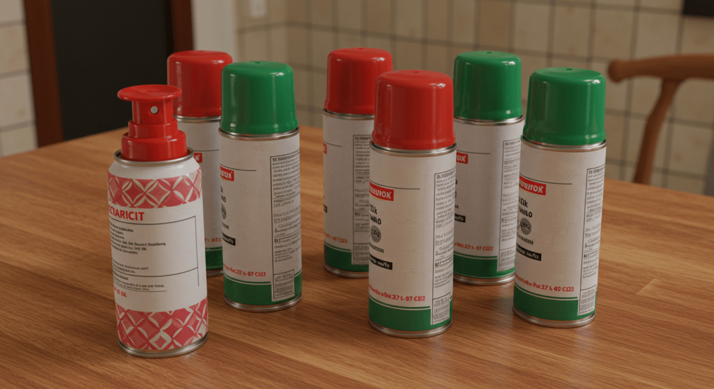 Insecticidas genéricos sobre mesa en cocina de hogar mexicano