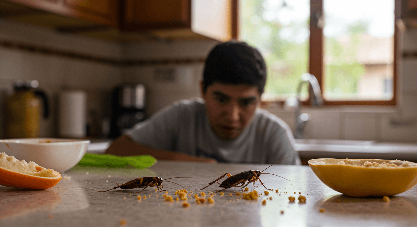 Hombre observa cucaracha caminando sobre la encimera de una cocina mexicana