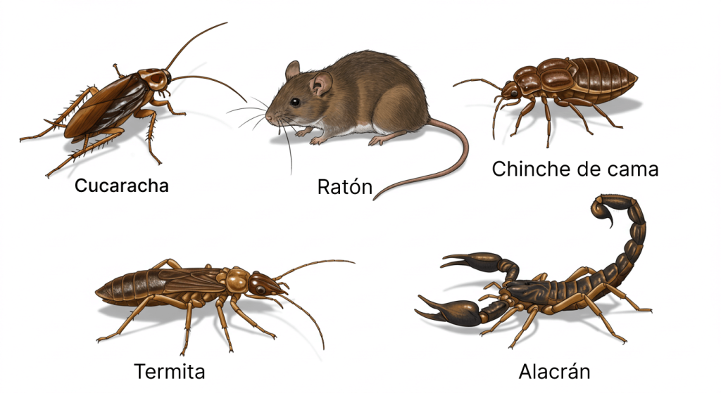 Ilustración detallada de cucaracha, ratón, chinche de cama, termita y alacrán sobre fondo blanco.