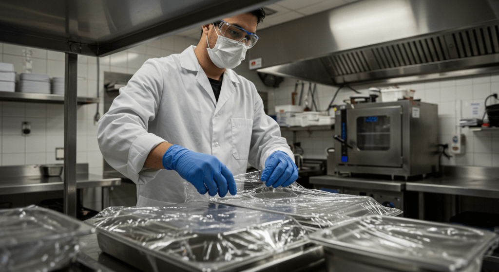 Técnico protegiendo alimentos en cocina antes de aplicar tratamiento de fumigación